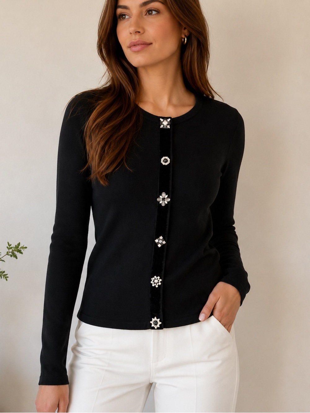 Jones New York Black Embellished Cardigan Sweater Top Size M